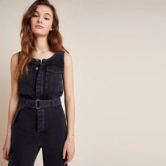 NWT Agolde black denim sleeveless belted jumpsuit 4